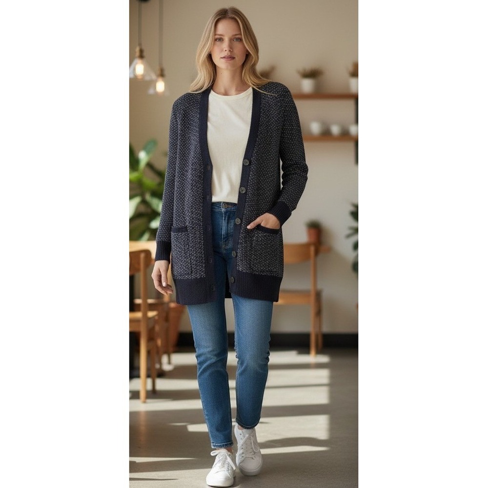 Madewell Womens Navy Blue White Birds Eye Knit Button Front Cardigan Sweater XS